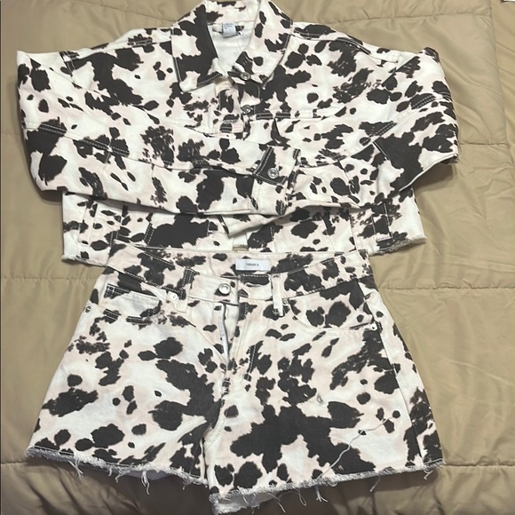 Cow Print Denim Jacket and Shorts Set - Picture 1 of 1